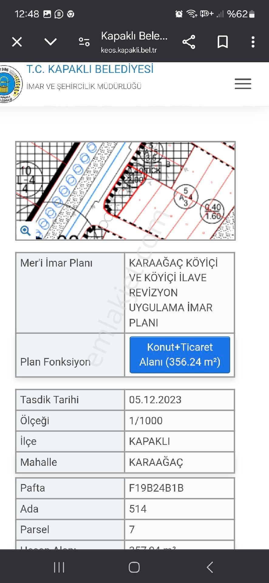 Kapaklı Fatih Satılık Konut İmarlı Ticari Artı Konut Arsa