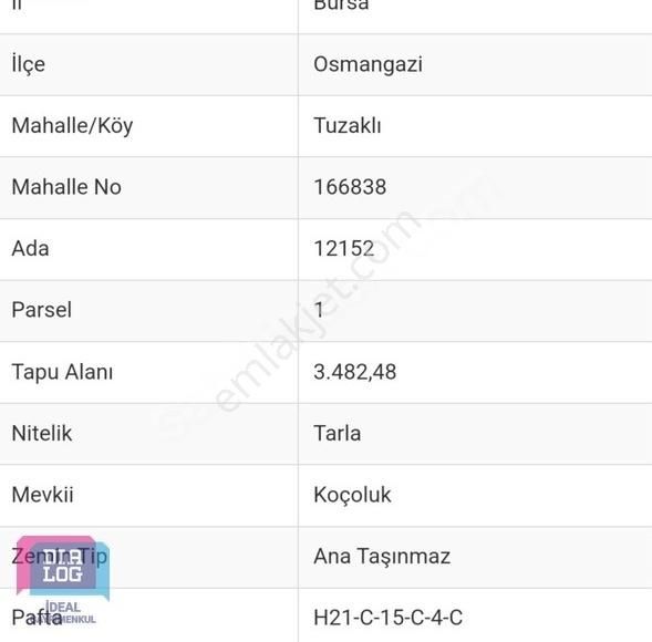 Osmangazi Tuzaklı Satılık Tarla Dıalog İdeal'den Tuzaklıda Satılık Müstakil Tapulu 3482 M² Tarla