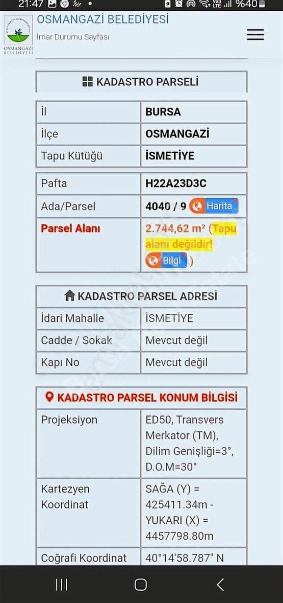 Osmangazi İsmetiye Satılık Tarla Osmangazi İsmetiye De Fırsat Tarla Yatırımcıya