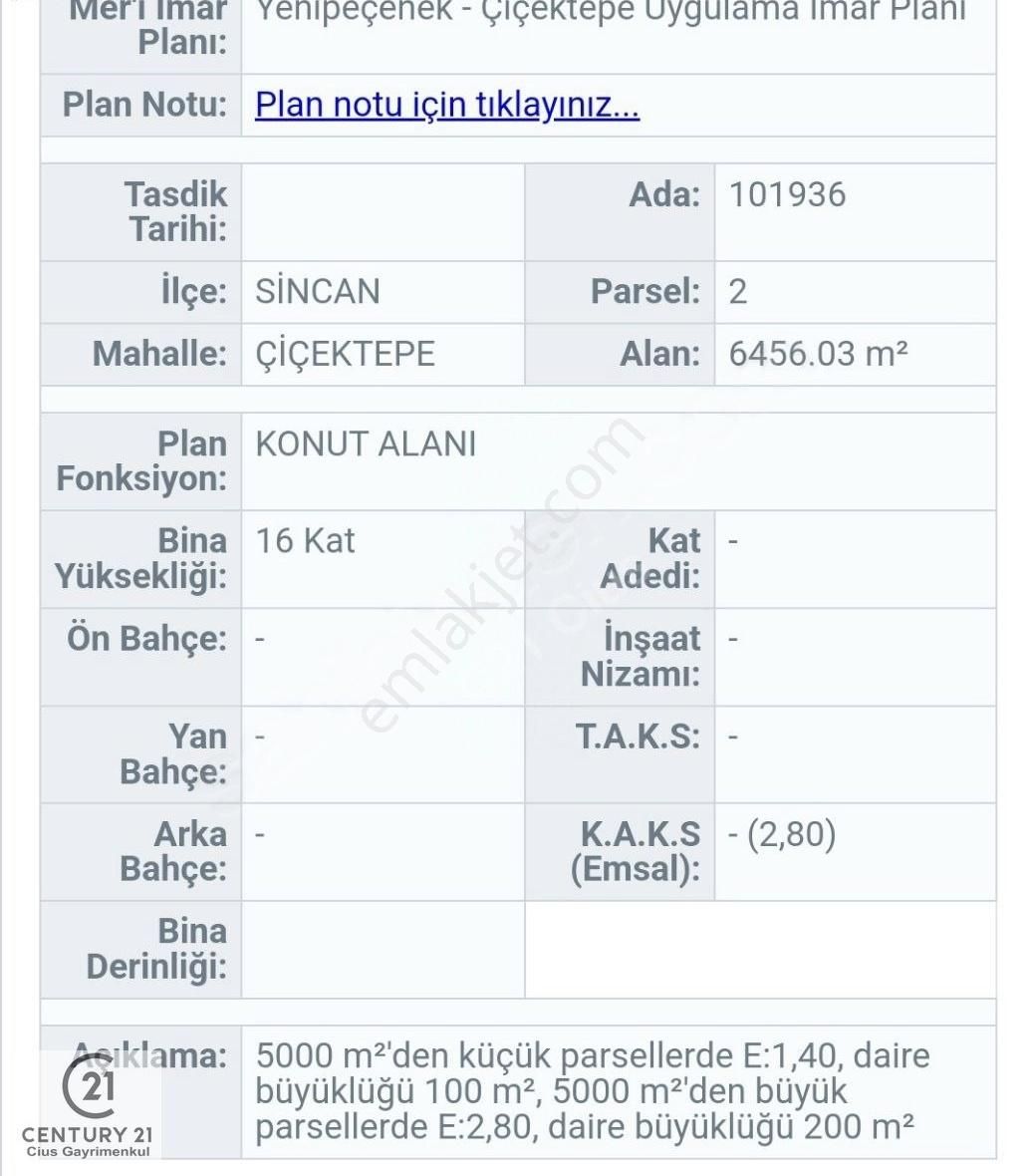 Sincan Çiçektepe Satılık Konut İmarlı C21 Cius; Konut İmarlı Yatırımlık Arsa