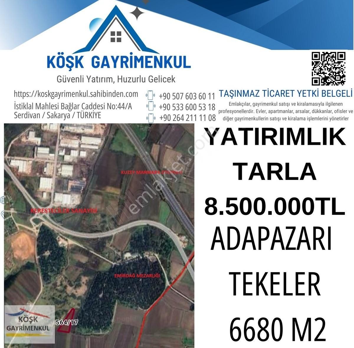 Adapazarı Tekeler Satılık Tarla Köşk Gayrimenkulden Yatırımlık Tarla