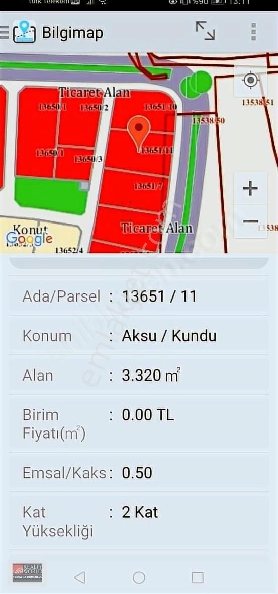 Aksu Kundu Satılık Ticari İmarlı İmarlı 45 Lik Yola Cephe Ticari Arsa