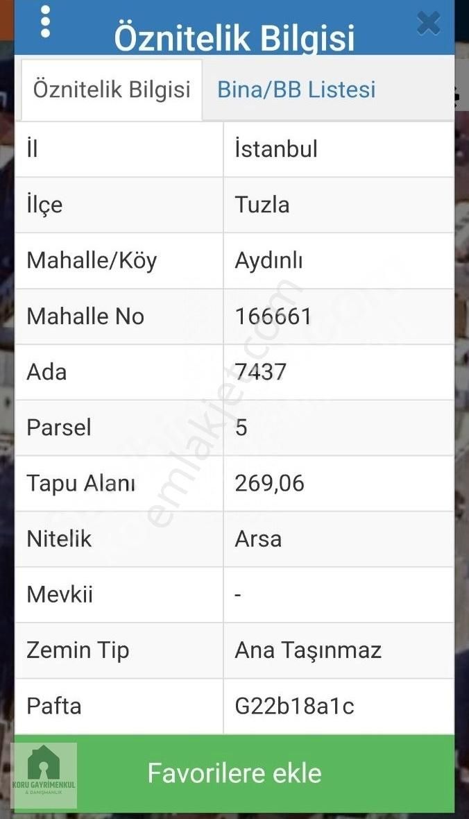 Tuzla Mimar Sinan Satılık Konut İmarlı Koru Emlak'tan:270m2 Fırsat Arsa Acilll Satılıktır