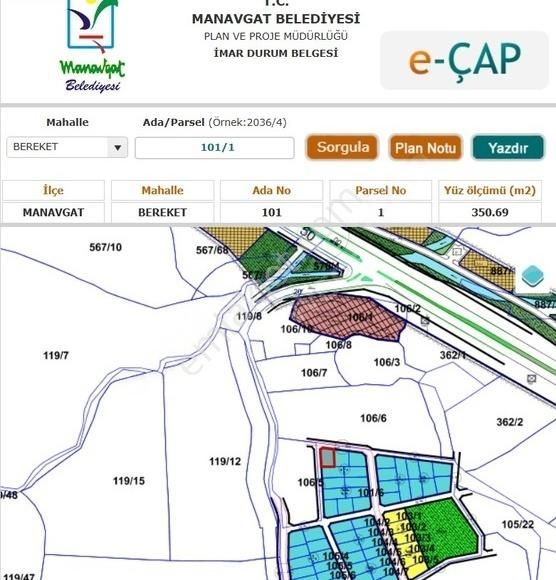 Manavgat Bereket Satılık Konut İmarlı Manavgat Bereket Mahallesinde 350 M2 Satılık İmarlı Arsa