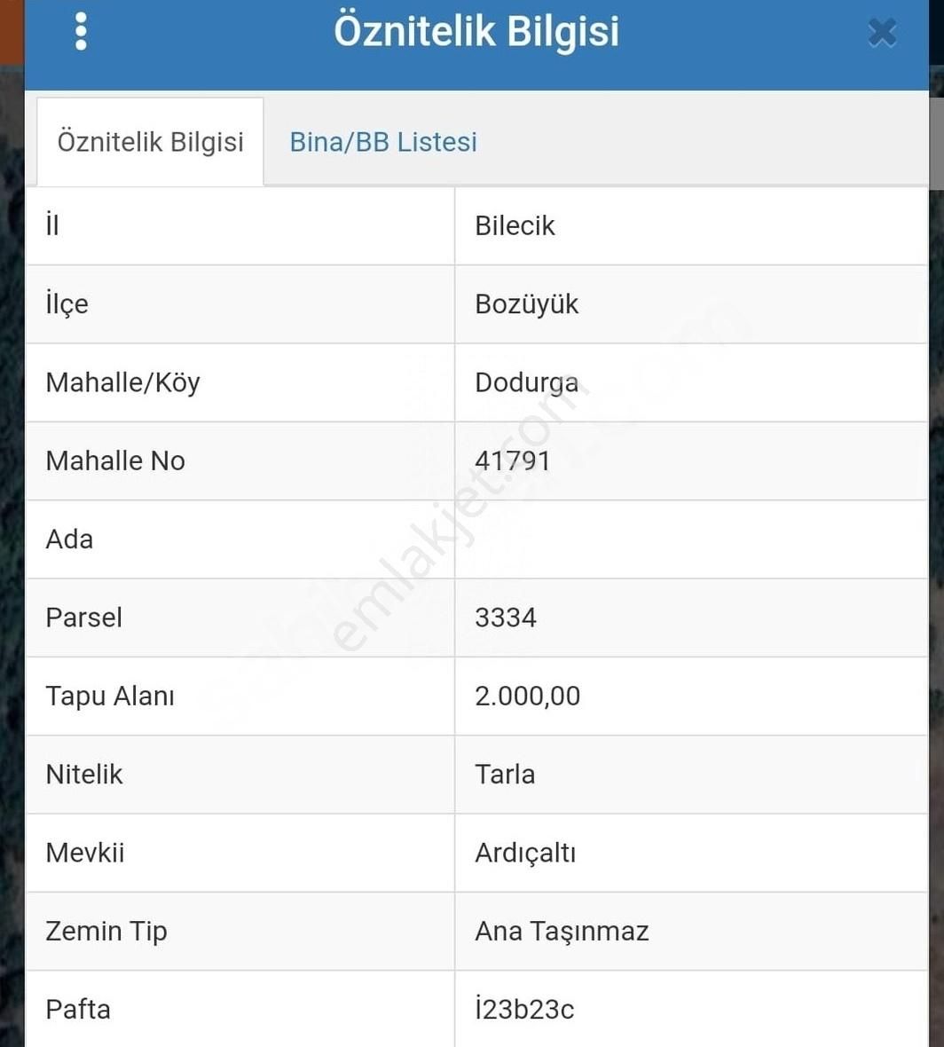 Bozüyük Dodurga Bld. (Ziya Gökalp) Satılık Tarla Bilecik Bozüyük Dodurga'da Arazi