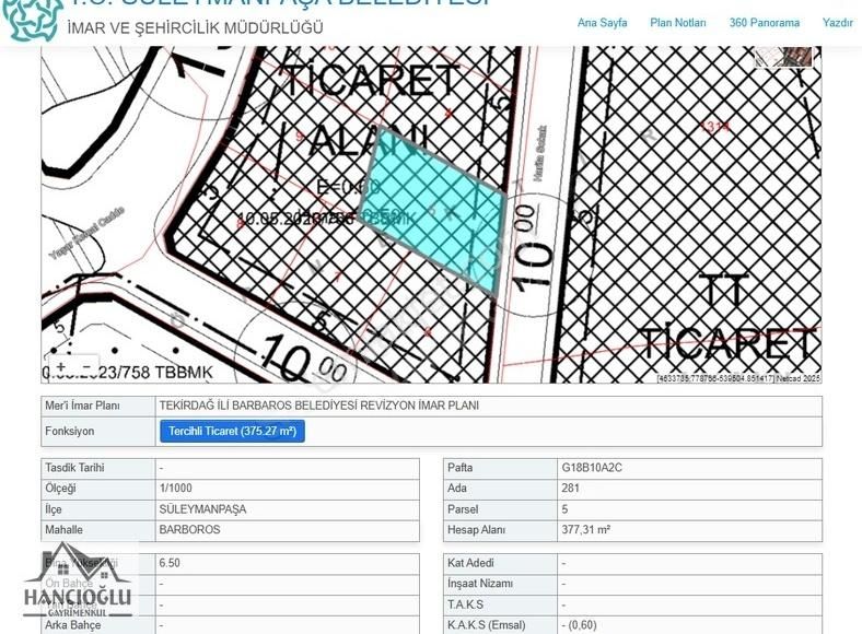 Süleymanpaşa Topağaç Satılık Ticari İmarlı Hancıoğlu'ndan Topağaç Mh.377m² Ticari+konut İmarlı Satılık Arsa