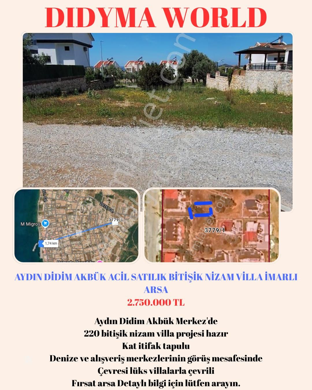 Aydın Didim Akbük Acil Satılık Bitişik Nizam Villa İmarlı Arsa