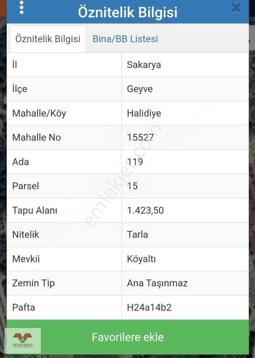 Geyve Halidiye Satılık Tarla Sakarya Geyve Halidiye Yatırımlık Tarla