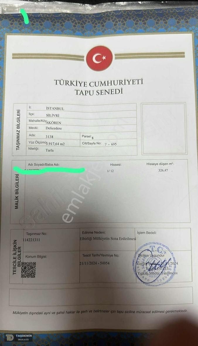 Silivri Akören Satılık Tarla Akörende Hızlı Tren Yolunun Hemen Yanında