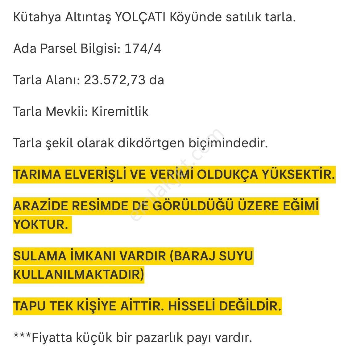 Altıntaş Yolçatı Köyü Satılık Tarla Tarla Satılık