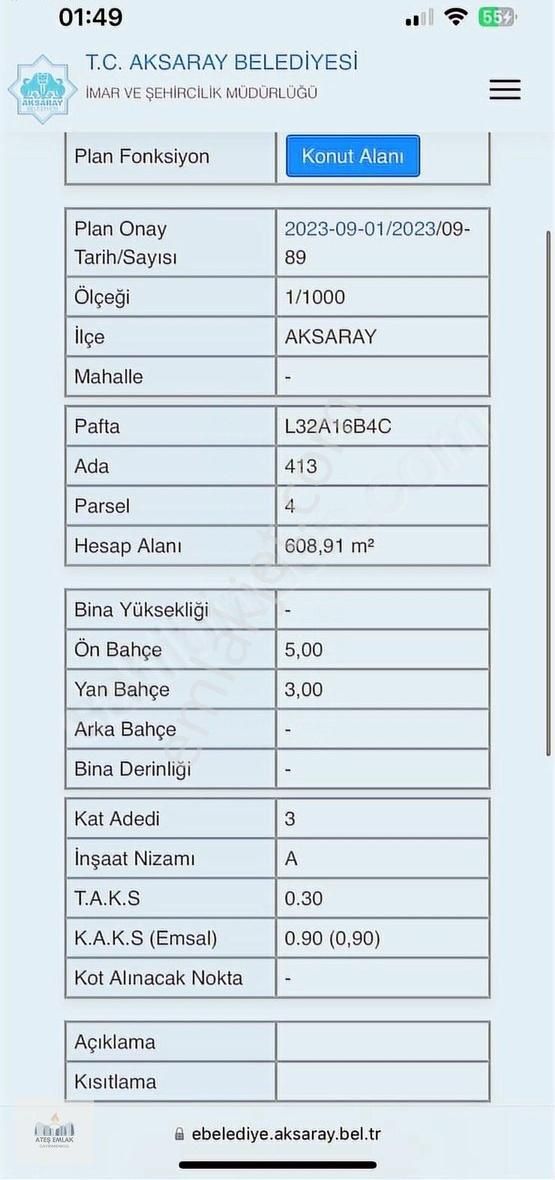 Aksaray Aksaray Merkez Satılık Özel Kullanım Ateş Emlak'tan Yatırımlık 3 Kat İmarlı Parsel Hürriyet Mahallesi