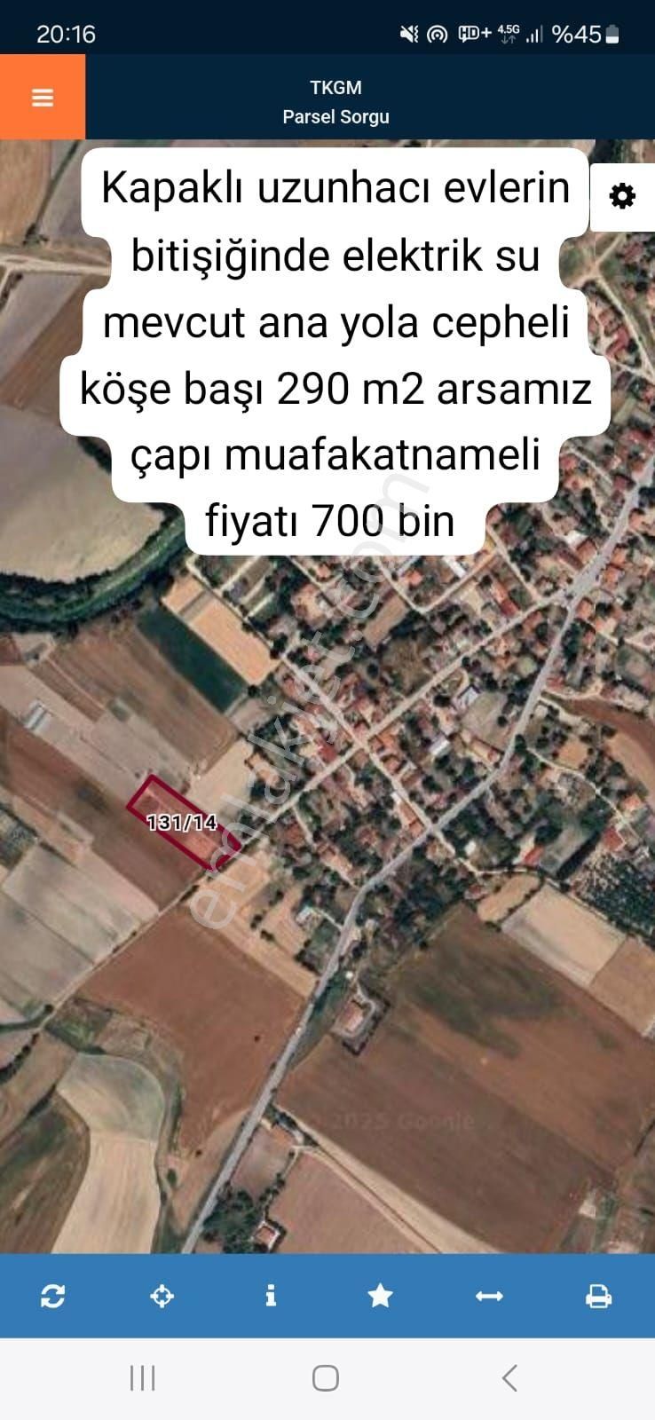 Kapaklı Uzunhacı Satılık Konut İmarlı 288 M2 Köyün Bitişiğinde Ana Yola Cepheli Arsamız Satılık