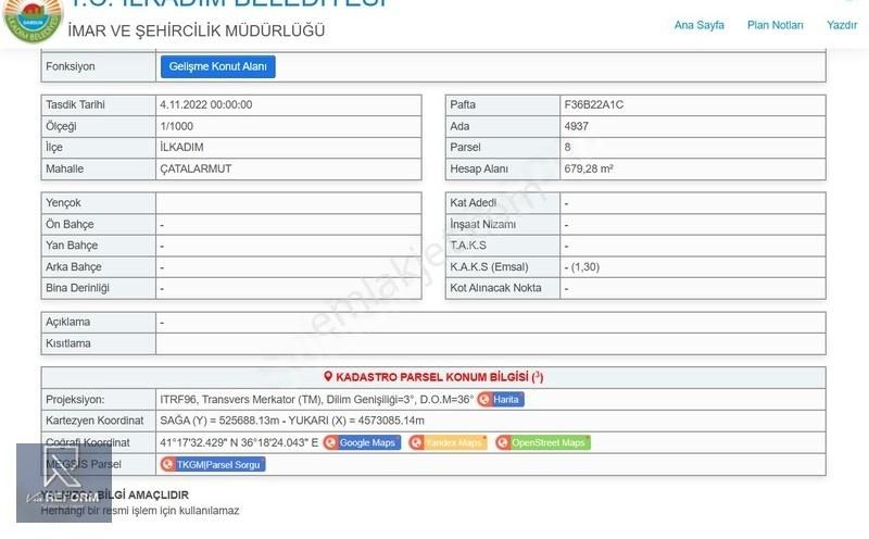 İlkadım Çatalarmut Satılık Ticari İmarlı Çatalarmut Siteler Bölgesinde Satılık İmarlı Parsel