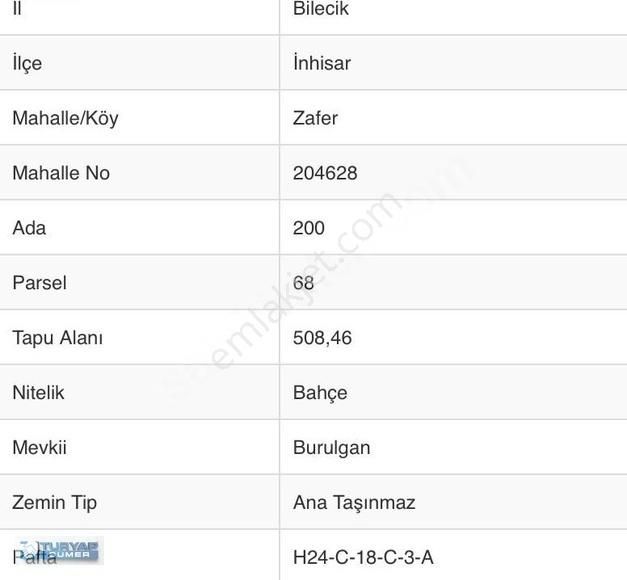 İnhisar Zafer Satılık Bağ & Bahçe Turyap Sümerden Bilecik İnhisardan Yatırımlık Tarla