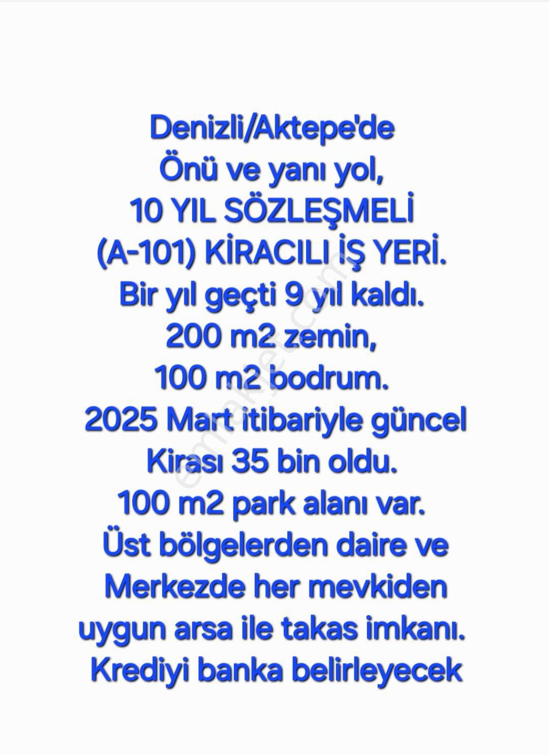 Denizli Aktepe'de Önü Ve Yanı Yol, 10 Yıl Sözleşmeli (a-101) Kiracılı İş Yeri.