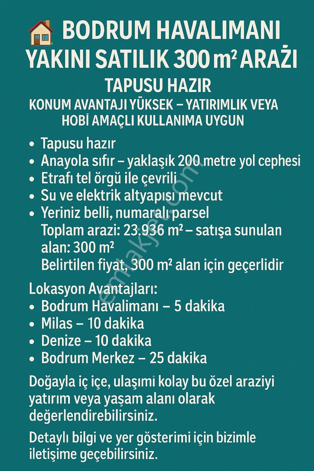 Tapusu Hazır Bodrum Havalimanı Yakını Satılık 300 M² Arazi