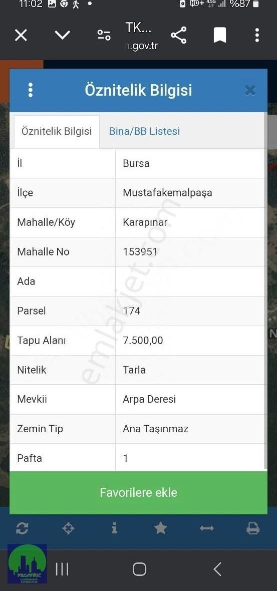 Bursa/kemalpaşa/karapınar Merkeze Çok Yakın Satılık Arazi