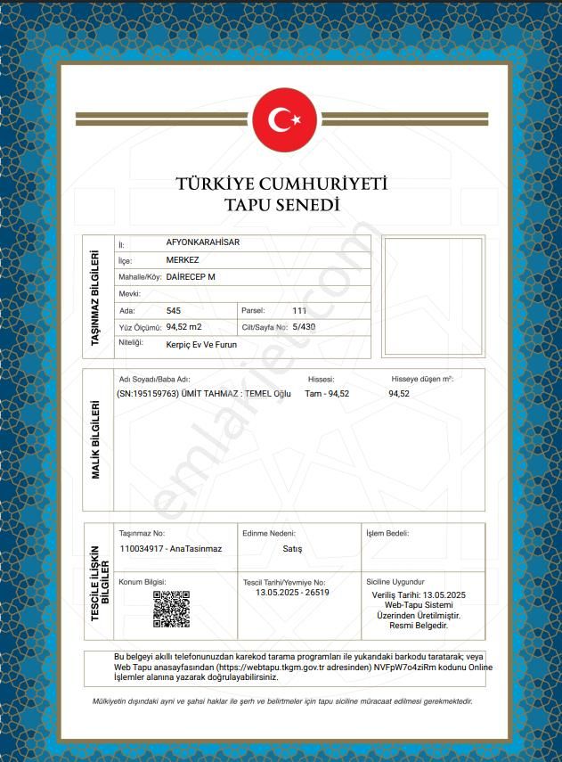 Afyonkarahisar Merkez Müstakil Tapu Sahibi Perta Emlak Ümit Tahmaz