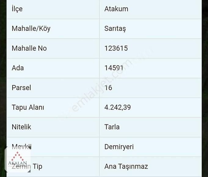 Akalan Arsa Ofisinden Atakum Sarıtaş 4242 M² Yatırımlık Tarla