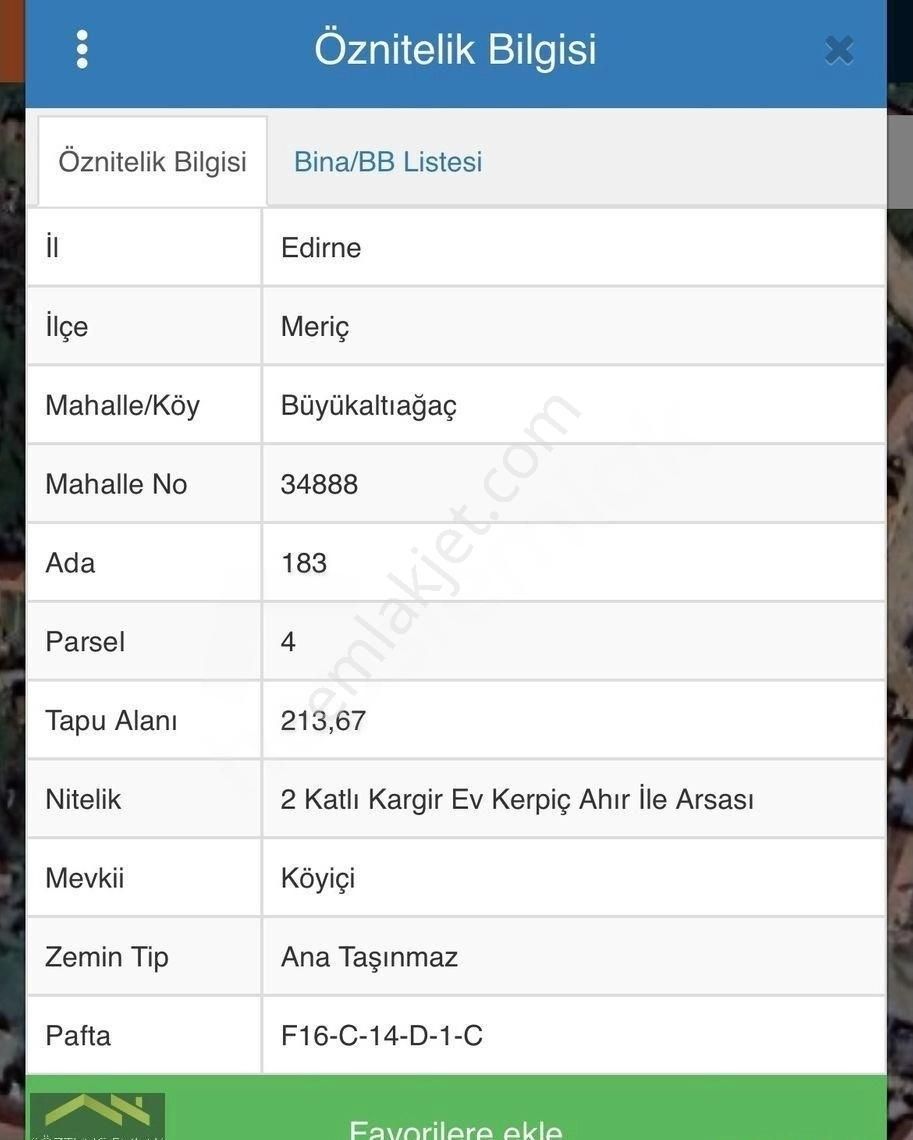 Edirne Meriç Büyükaltıağaç Köyiçi 2 Katlı Ev Ve 213 M2 Arsası
