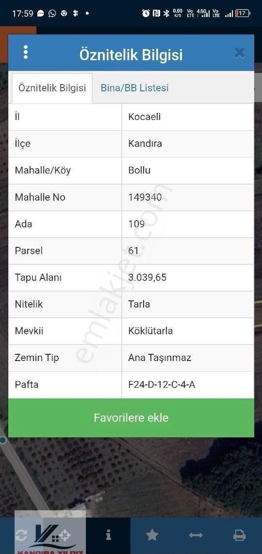 Kocaeli Kandıra Bolluda Köye Yakın Resmi Yollu Asfalta Bir Parsel Mesafede  Elektrik Su Yol 3.040 M2