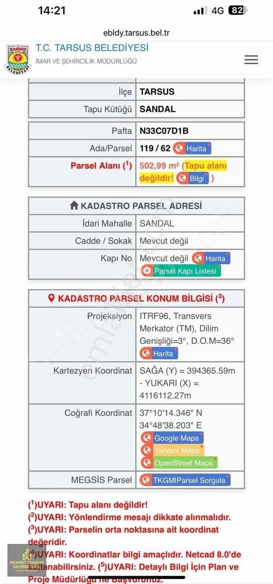 Tarsus Sandal'da Satılık Tek Tapu Arsa