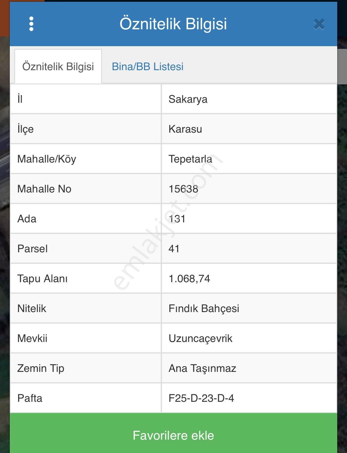 Sakarya Karasu Tepetarla Da 1070m2 Fındık Bahçesi
