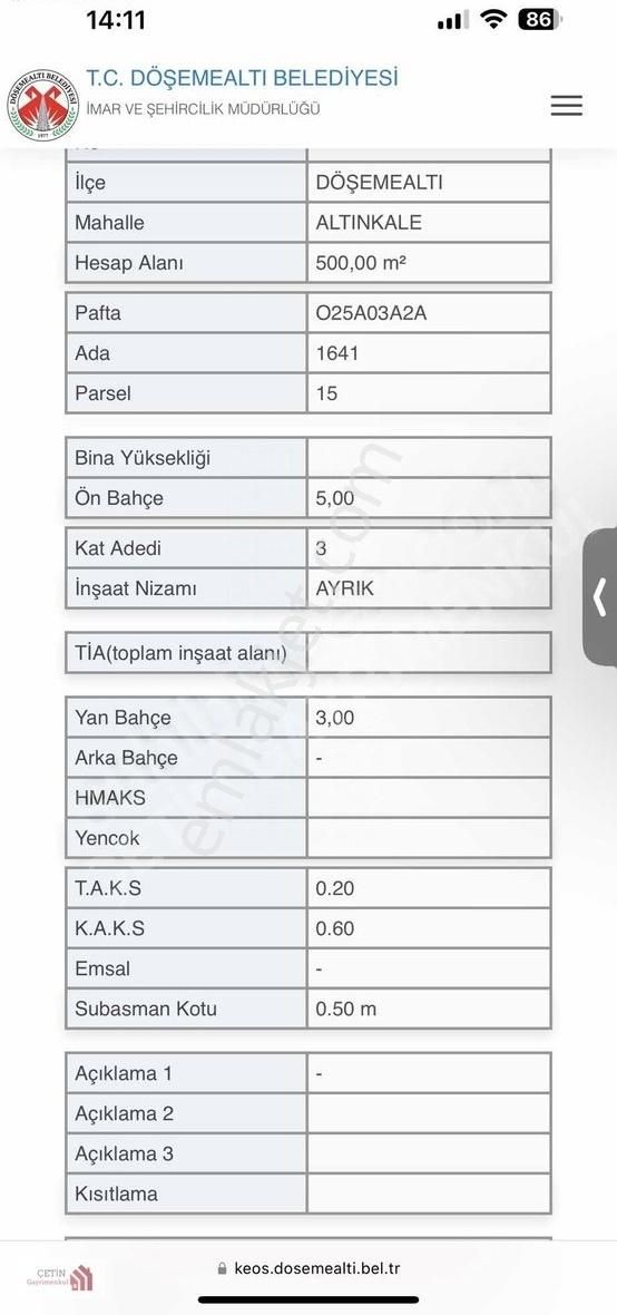 Antalya Döşemealtı Altınkalede Satılık 500 M² Arsa