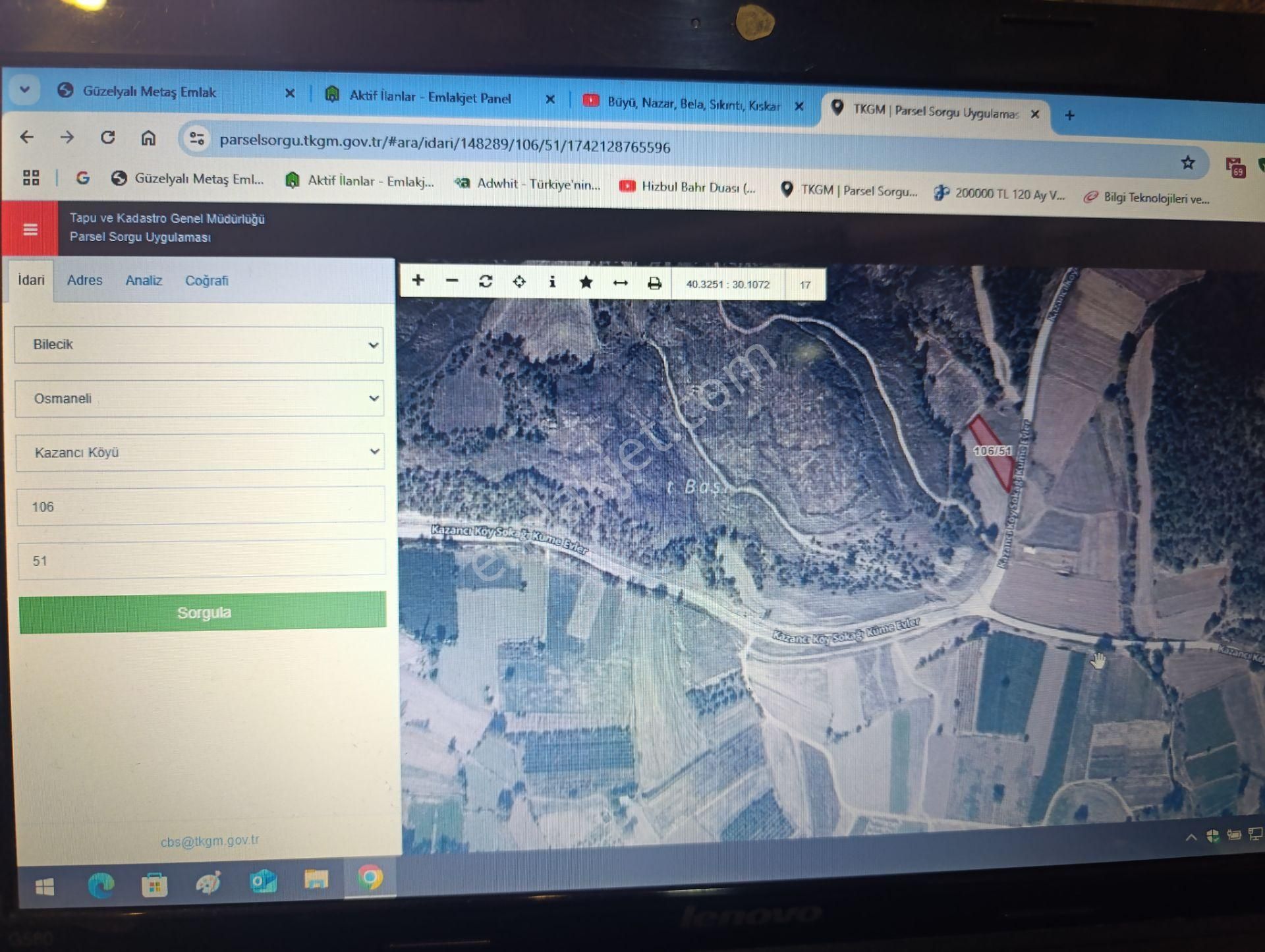 Bilecik Osmaneli Kazancı Köyü Satılık Emsalsiz Resmi Kadastra Yolu Üstü Köy Yolu Üstü