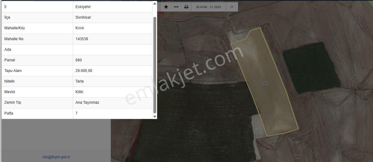 Eskişehir/sivrihisarda Makul Fiyatlı 22.100 M.kare Tarla. 1.885.000 Tl.