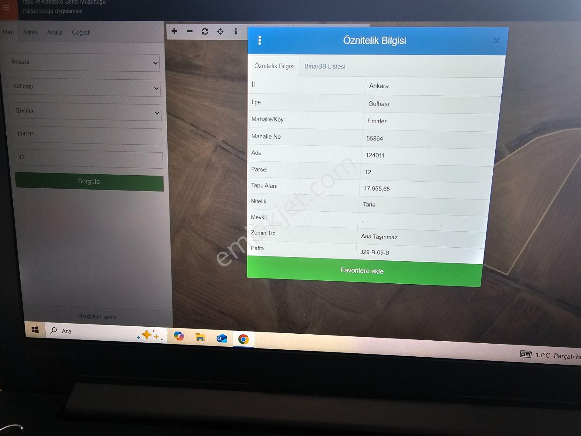 Gölbaşı Emirler 'de Acil Satılık Tarla