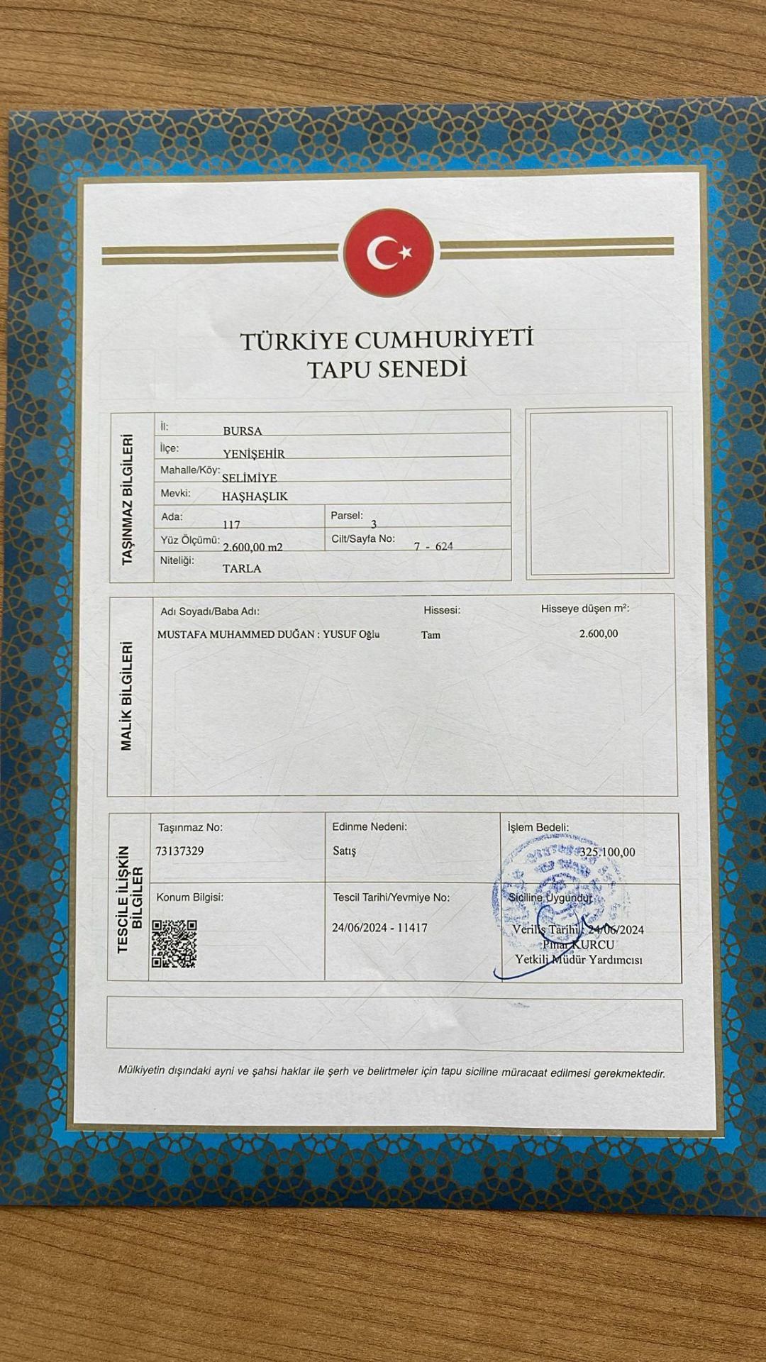 Bursa Yenişehir Selimiye Köyünde 2600m2 Satılık Arsa