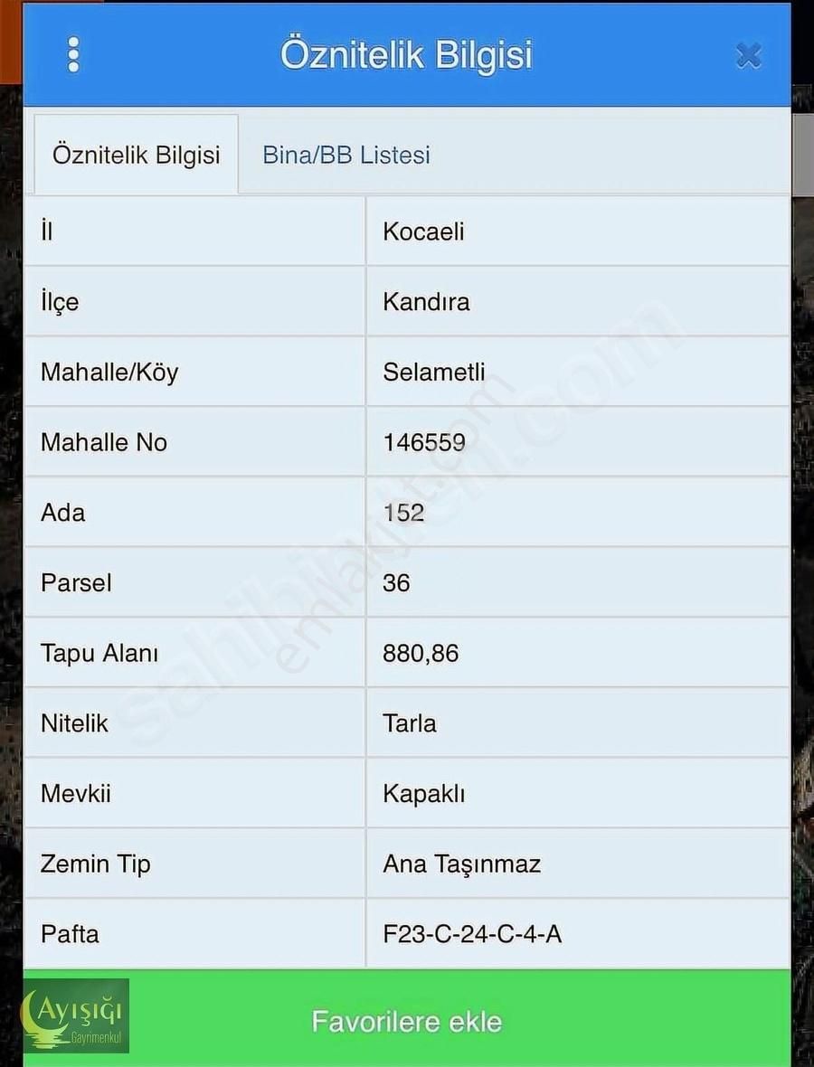 Kocaeli Kandıra Selametli'de 880m2 Tek Tapulu Satılık Tarla