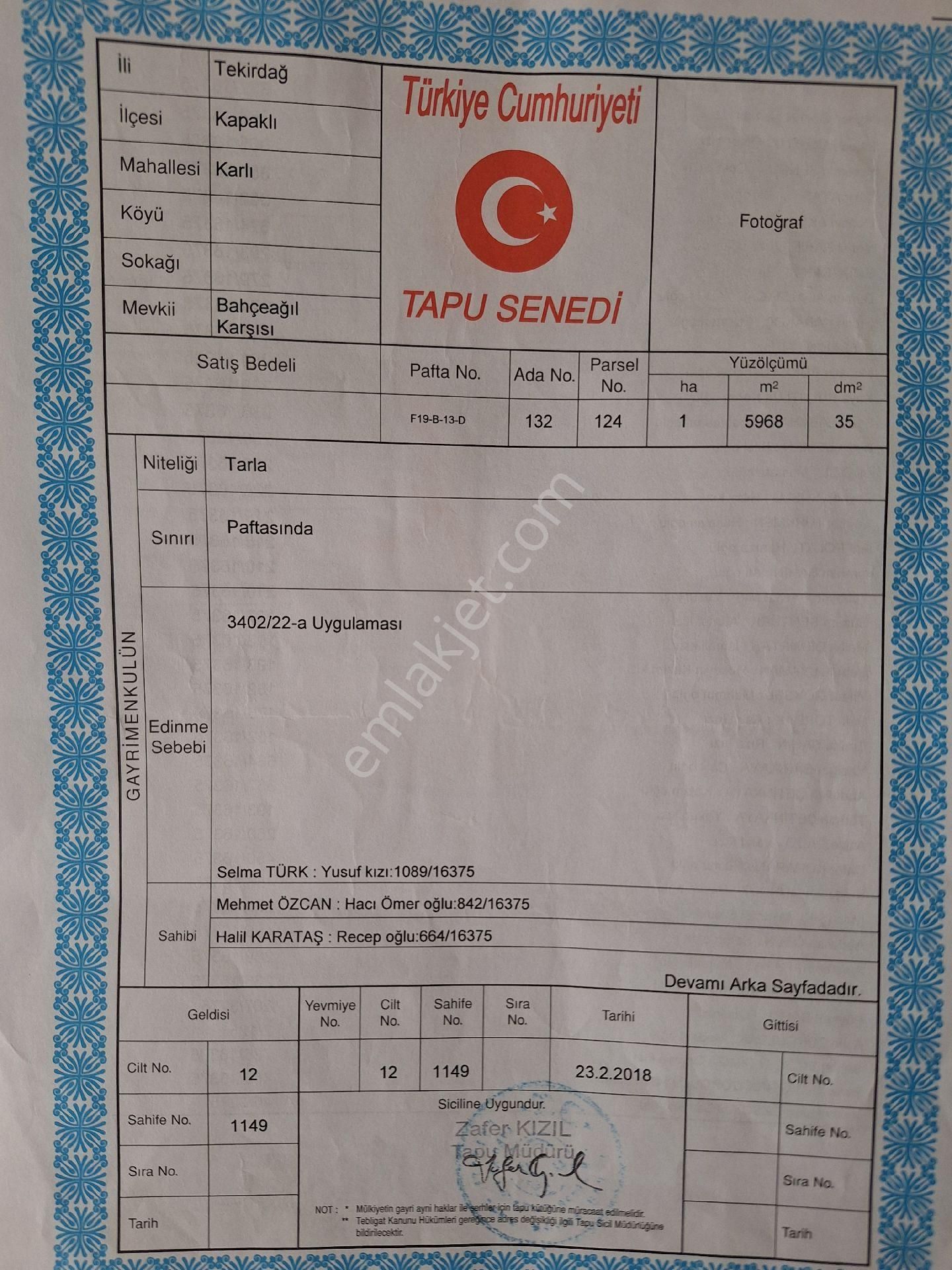 Kapaklı Karlı Satılık Tarla