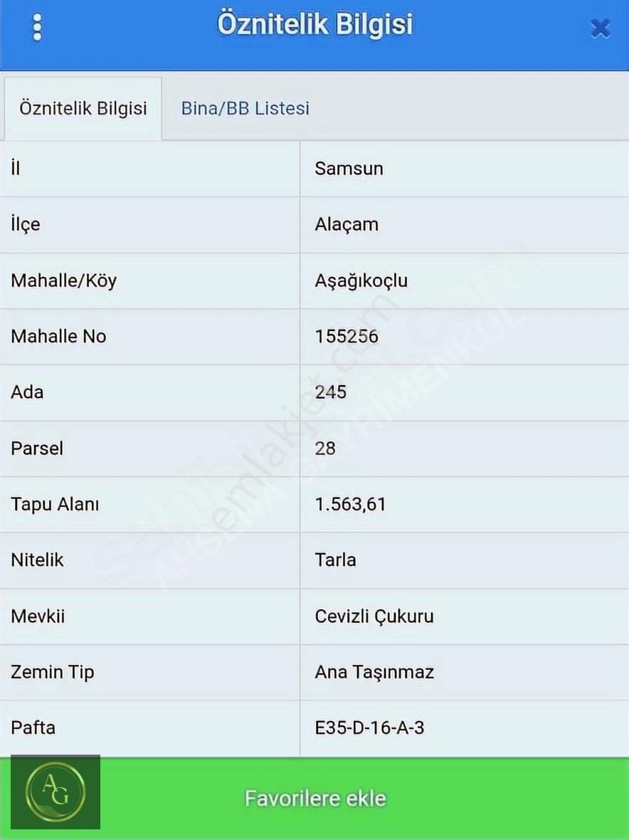 Ahşena'dn Samsun Alaçam'da Yerleşimiçi 1563 M2 Satılık Arazi