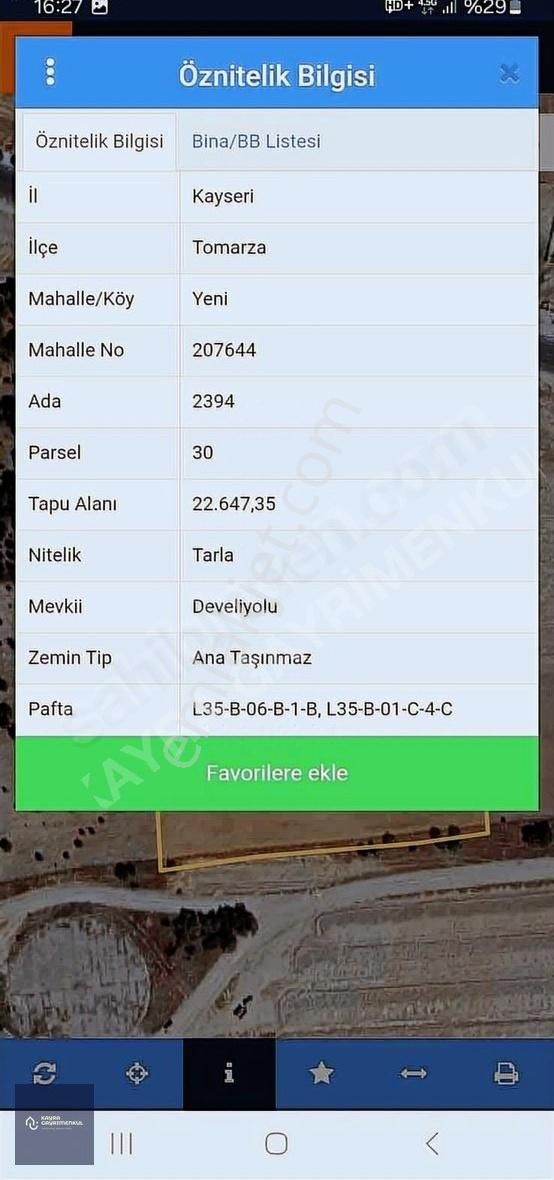 Tomarza Yeni Mahallede 3279 M2 Yola Sıfır Satılık Tarla