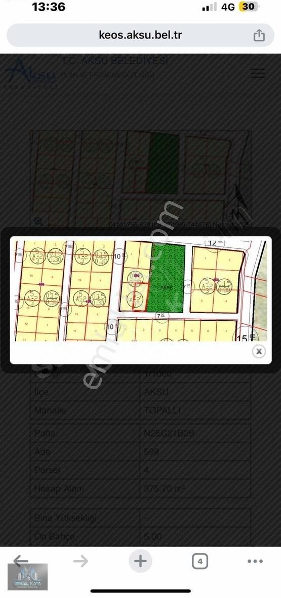 Aksu Topallı 420+380 M2 Köşe Parka Cephe Villa Arsası