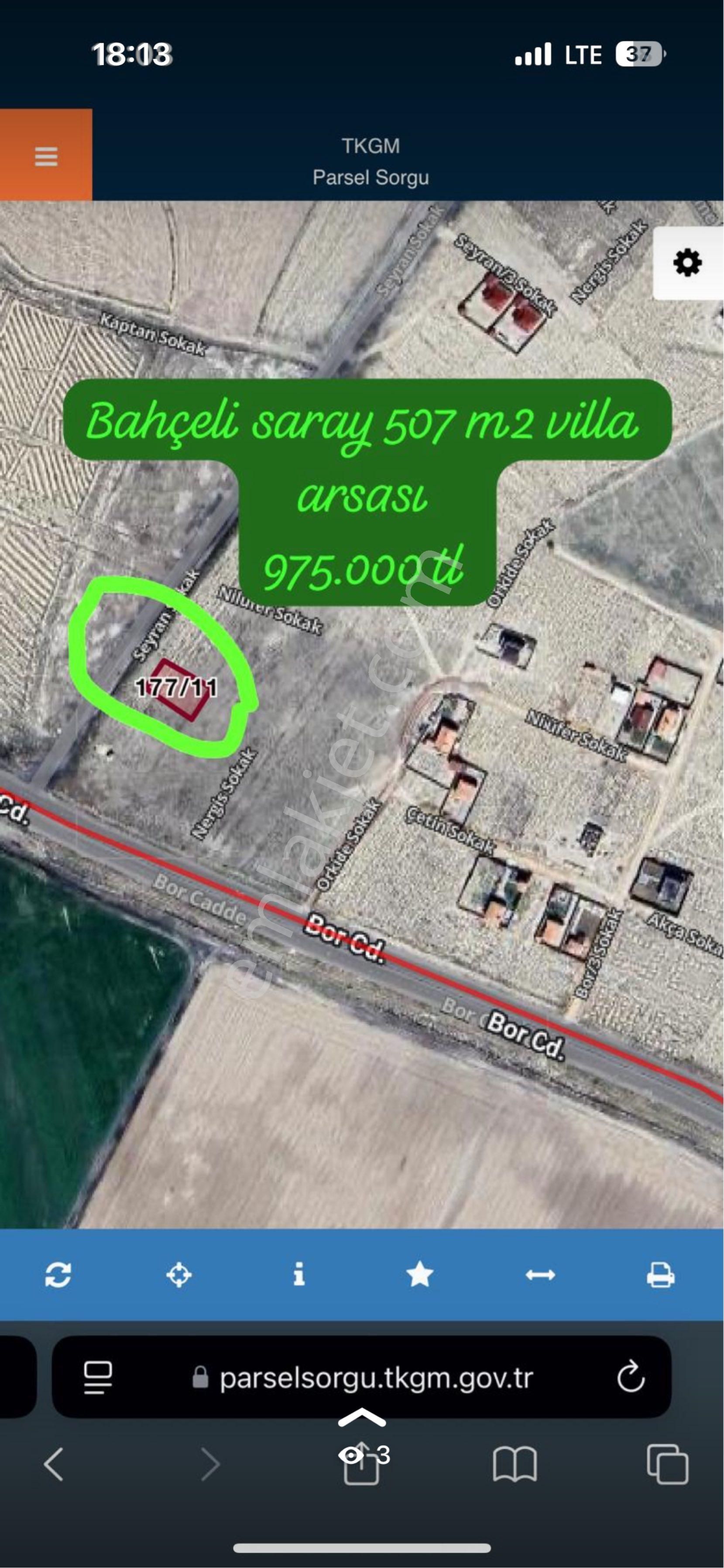 Bahceli Saray 507 M2 Villa İmarlı Altyapı Elektrik Su Yol Mevcut Arsa
