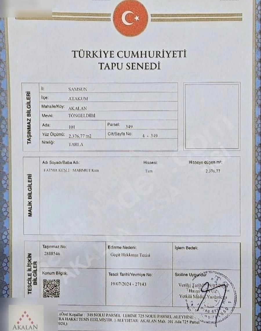 Akalan Arsa Ofisinden Atakum Akalan Köyünde Köy İçi Tarla