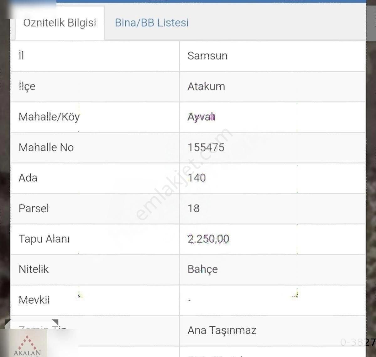 Akalan Arsa Ofisinden Atakum Ayvalı Köyünde Tek Tapu Köy İçi Yer