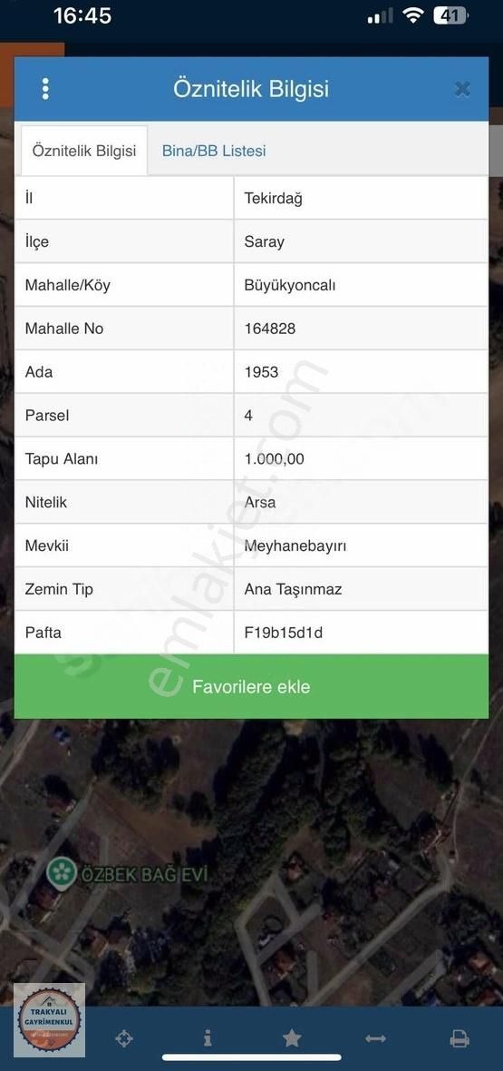 Tekirdağ Saray Büyükyoncalı 1000 M2 İmarlı İfrazlı Arsa