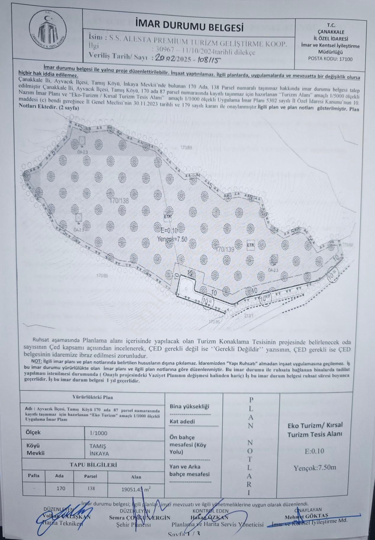 Asos Tamış Köyünde İmar Durumu Alınmış Kooperatif Hissesi 860 M2