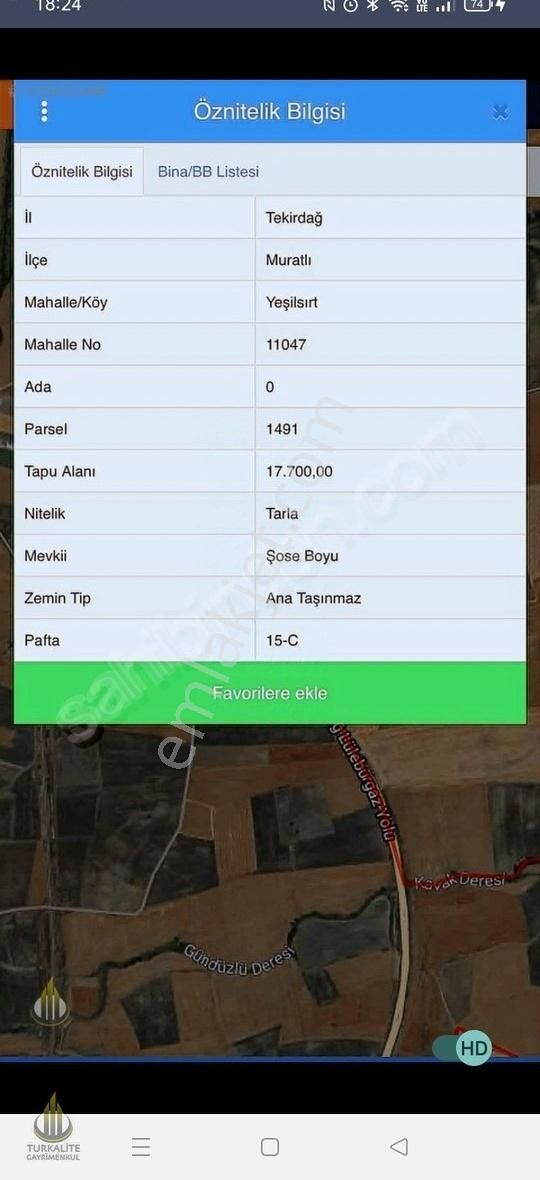 Turkalite'den Muratlı Yeşilsırt'ta Cadde Cepheli 17.700m2 Tarla