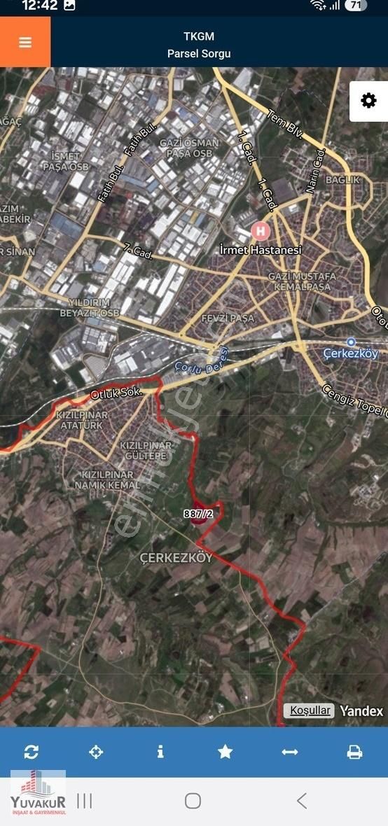 Çerkezköy Kızılpınar Gültepe Mah.yatırımlık 280m²hisse Acil Sat.