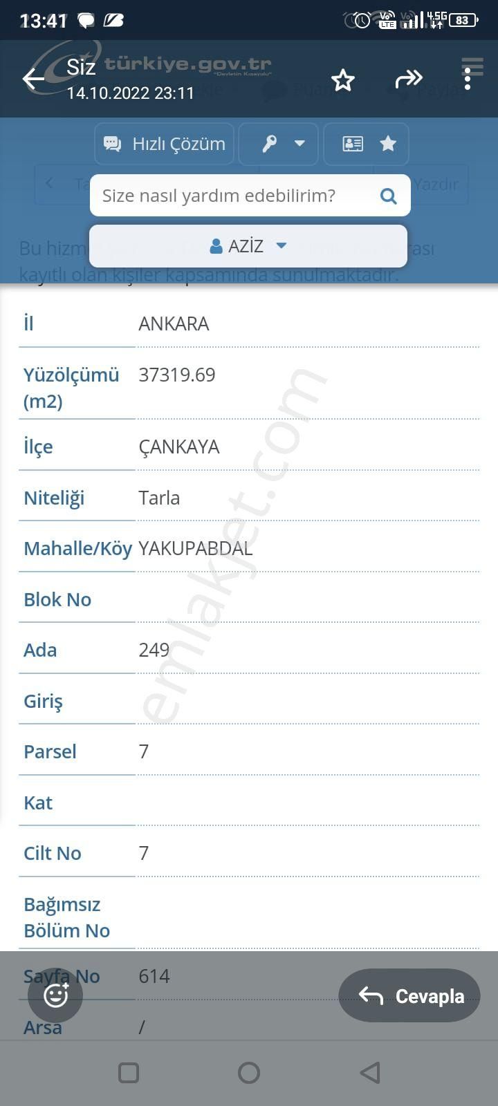 Çankaya Yakupabdal Satılık Tarla