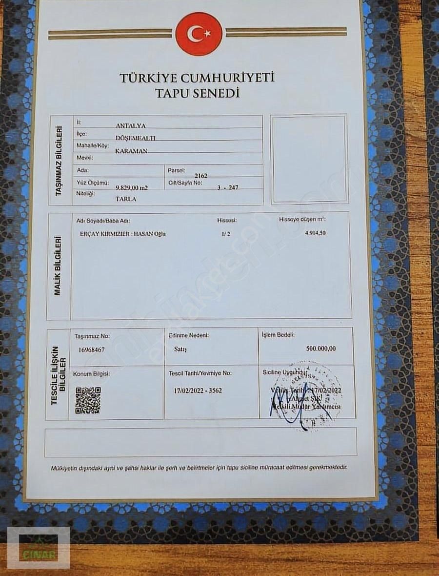 Karaman'da 5 Dönüm Yatırımlık Satılık Tarla Çınar Emlak