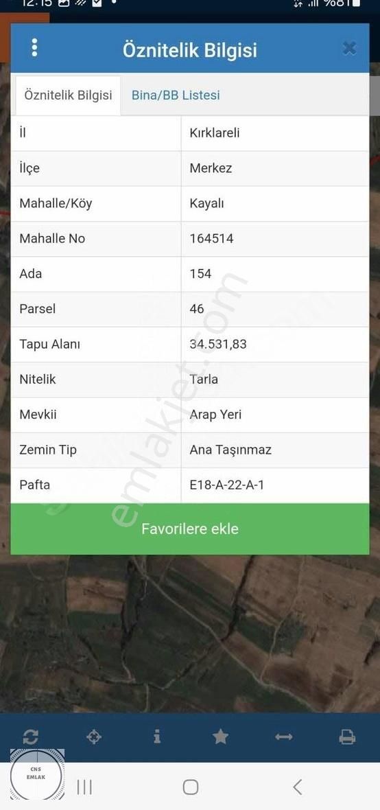 Kırklareli Merkez Kayalı Köyü Satılık Çiftlik Yapımına Uygun