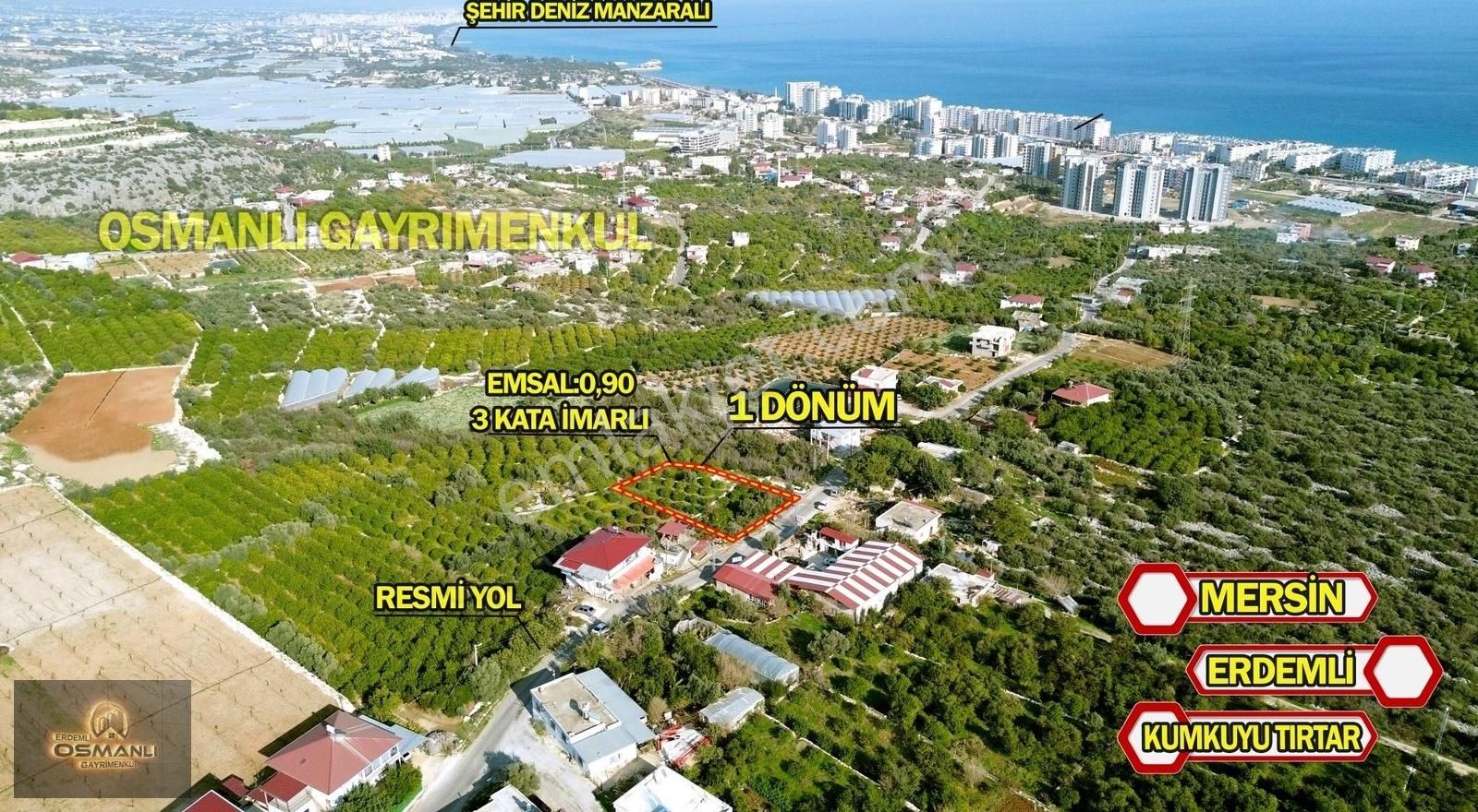 Erdemli Kumkuyu Tırtar Satılık 3 Kata İmarlı 1 Dönüm Arsa