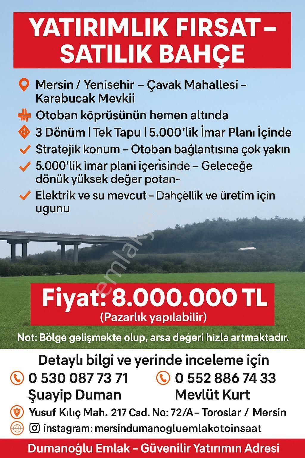 🚨 Yatırımlık Fırsat – Satılık Bahçe 🚨📍 Mersin / Yenişehir – Çavak Mahallesi – Karabucak Mevkii