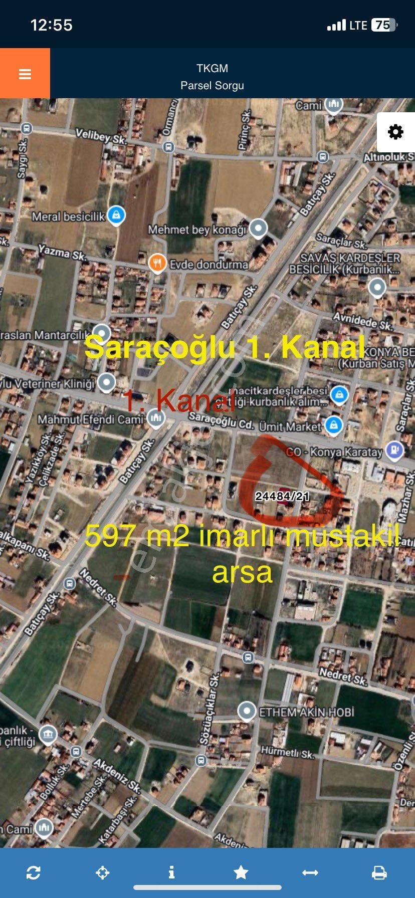Saraçoğlu 1. Kanal Yanında 597 M2, Caddeye 150 Metre Mesafede Sağ Tarfta. Go Petrol Arkası
